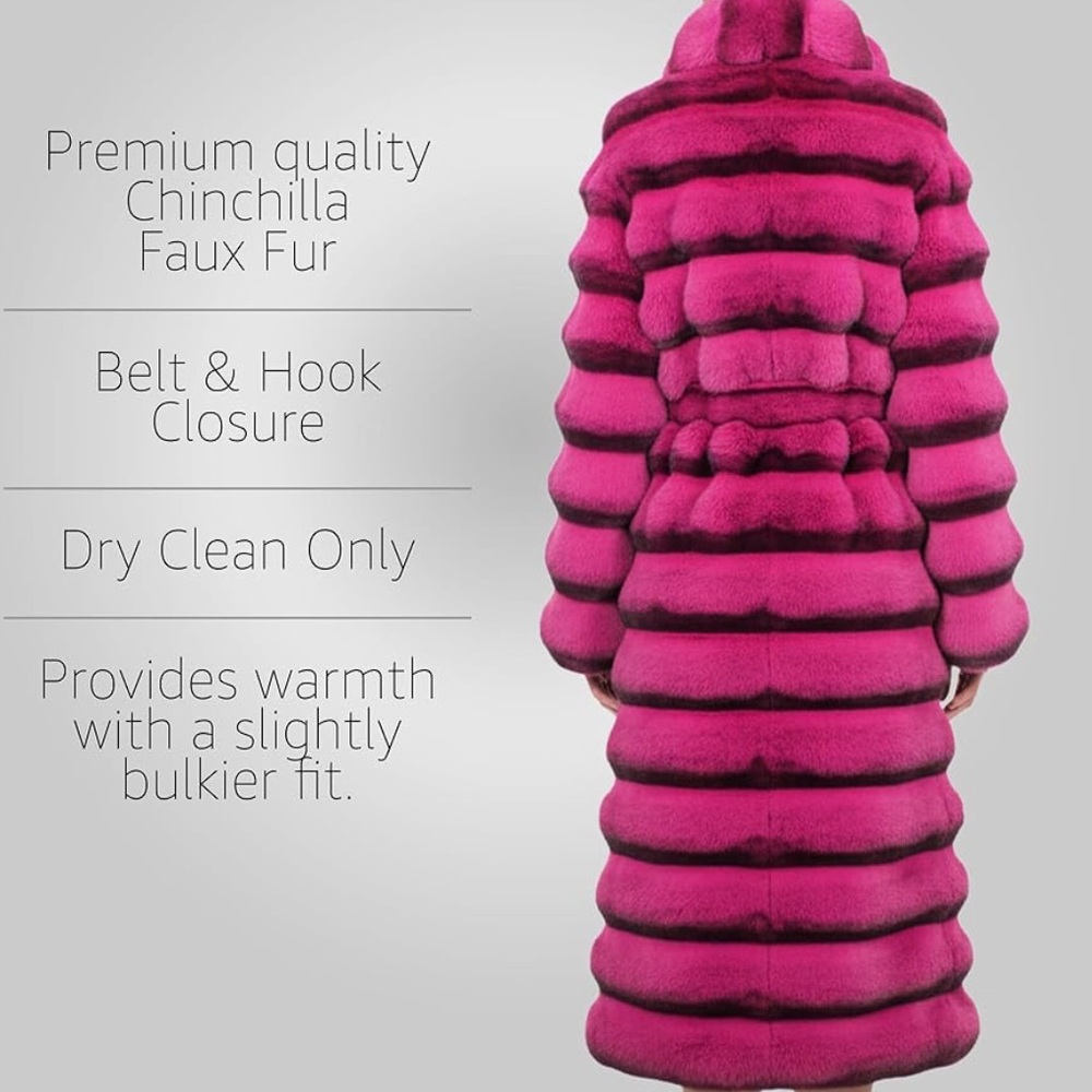 🆕 Chinchilla Faux Fur Coat Luxury Soft Long Length Trench Hot Pink Black 2X XXL - Picture 6 of 7